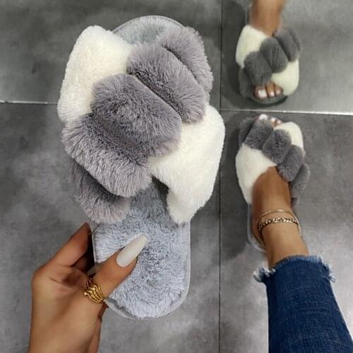 Warm Fluffy Slippers Women Faux Fur Cross Indoor Floor Slides Flat Soft Furry Shoes Ladies Female Non Slip House Shoes Whosale
