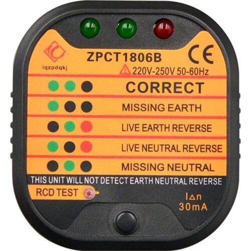 ZPCT1806B Outlet Socket Tester Detector Circuit Polarity Voltage Plug Breaker EU Ground Zero Line Switch Safety Electroscope