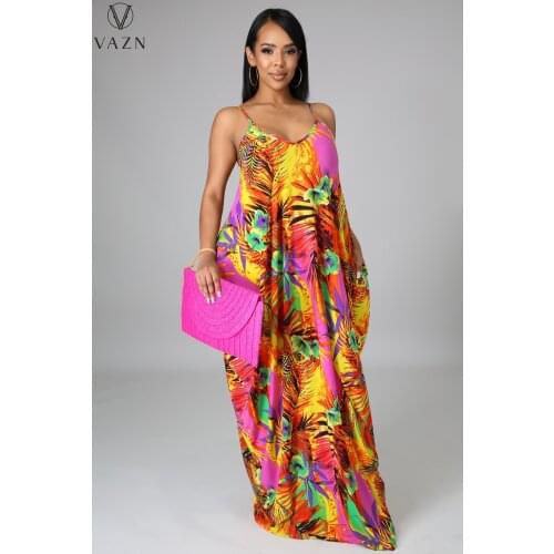 VAZN 2021 Hot List Free Retro Print Holiday Chiffon Long Dress Spaghetti Strap Sleeveless Women Nature Loose Maxi Dress