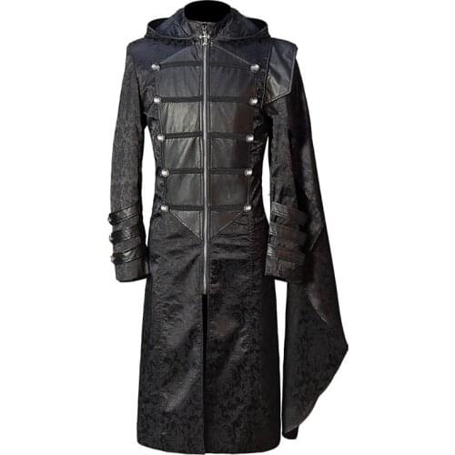 Steampunk Vintage Tailcoat Jacket Men Goth Victorian Frock Coat Uniform Black Pu Leather Punk Gothic Cape Coat Halloween Costume