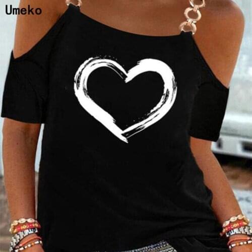 Umeko Womens Love Hearts Print T-Shirt Oversize Off-shoulder Fashion Short Sleeve Women Casual 2021 Summer Tops Clothes T Shirt