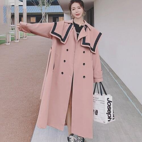 Womens Pink Windbreaker Spring Autumn New Loose Casual British Style Long Ladies Cloak Navy Collar Double Breasted Trench Coat