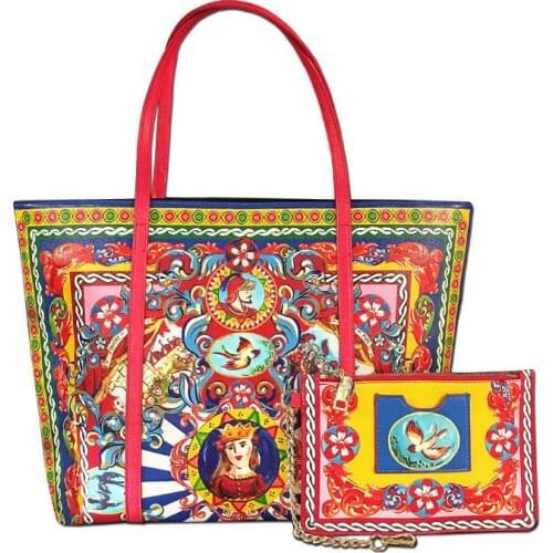 Women Shopper Bag Ethnic Style Handbag Purse Lady Shoulder Crossbody Bags Luxury Brand Vintage Print High Grade Leather Tote Bag