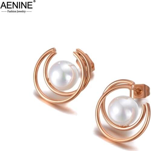 AENINE Fashion Titanium Stainless Steel White Simulated Pearl Earrings For Women Geometric CZ Crystl Party Earrings AE20123