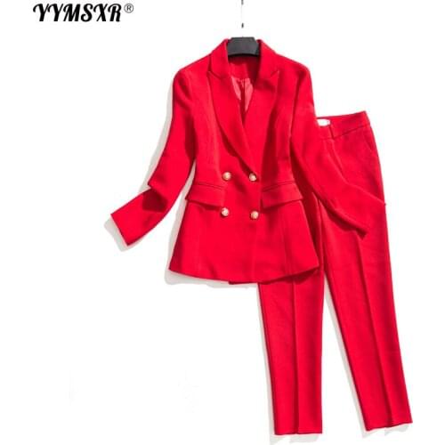 Womens red office pants suits Casual high-quality double-row ladies blazer Slim trousers professional small suit jacket 2020