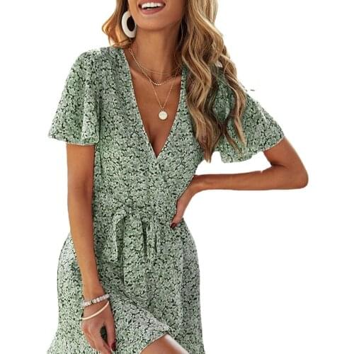 Womens Summer Slim V-neck Print Short Sleeve Dress Fashion Cool Sexy Breathable Lace Up Dress Vacation Beach Dress