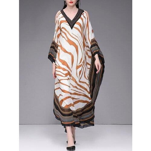 VKBN Summer Dress Women V-neck Striped Striped Print Batwing Sleeve Plus Size Women Maxi Dresses for Women