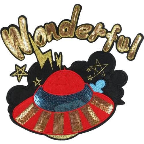 1PC Large Sequined Spacecraft UFO Badges Patches Fashion Embroidered Patch Sew on For Clothes Stickers Applique Decor DIY Patch