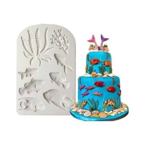 1pcs Fish Seaweed Silicone Mold DIY Cake Border Fondant Cake Decorating Tools Sea Coral Cupcake Chocolate Moulds K176