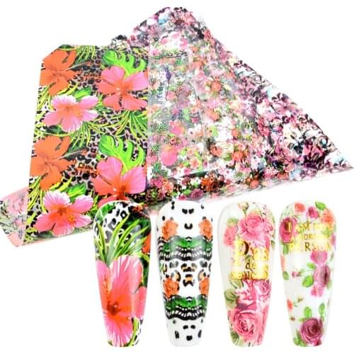 10pcs Flower Nail Foil Leaves Colorful Nail Decals Transfer Decorations Sets for Manicure Polish Sticker DIY Adhesive Tips