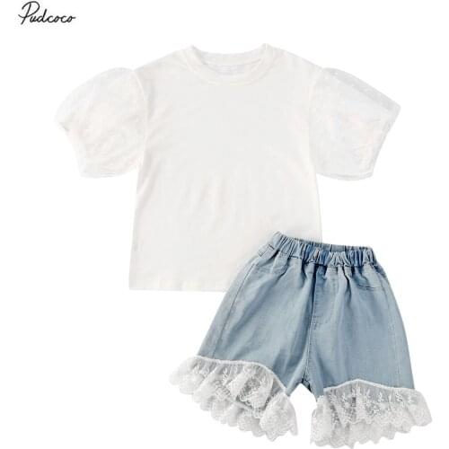 2020 2-7Y Princess New Infant Baby Girl Clothes Dot Lace Puff Short Sleeve T Shirts Top+Blue Denim Shorts 2pcs Toddler Kids 2pcs