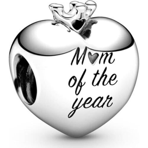 Original Princess Love Heart With Mom Of The Year Beads Fit 925 Sterling Silver Bead Charm Bracelet Bangle DIY Jewelry