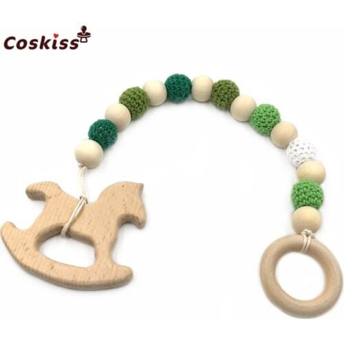 Baby Teething Toy Wooden Rings Animal Teether Eco-friendly Teething Crochet Beads Chewable Infant Holder Wooden Teether