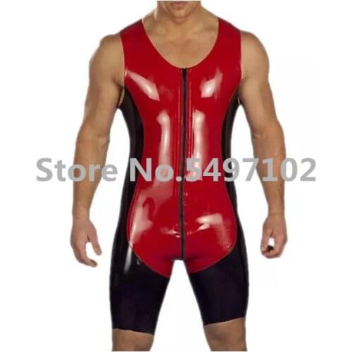 Handmade Sexy Sleeveless red and black Latex Catsuit For Men V-neck Fetish Rubber Costumes Front Crotch Zipper