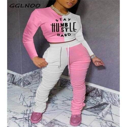 GGLNOO Long Sleeve Tops Stacked Ruched Pants Set Patchwork Letter Print Tracksuit Two Piece Outfit Active Sweatsuit GG22855