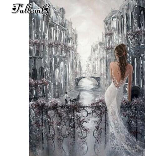 FULLCANG Retro water city girl 5d diy diamond painting full square round drill rhinestone embroidery kits wall decoration FG0021