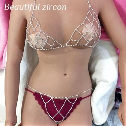 Fashion womens adjustable Rhinestone mesh body chain bra set shiny crystal thong underwear Body chain jewelry accessories