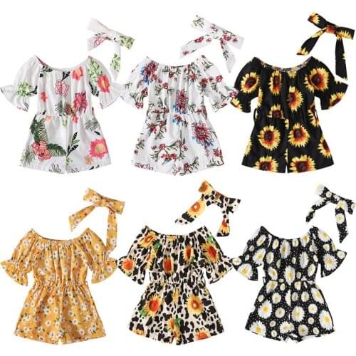 Summer Girl Floral Jumpsuit + Headband Cotton Mid Flare Sleeve Girls