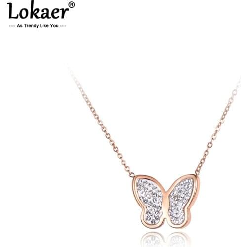 Lokaer Clay AAA Rhinestone Stainless Steel Chain Pendant Necklace Rose Gold Butterfly Choker Necklaces For Women Girls N19047
