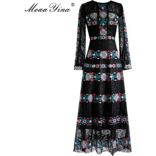 MoaaYina Fashion Designer dress Spring Autumn Women Dress Vintage Mesh Embroidery Elegant Noble Dresses