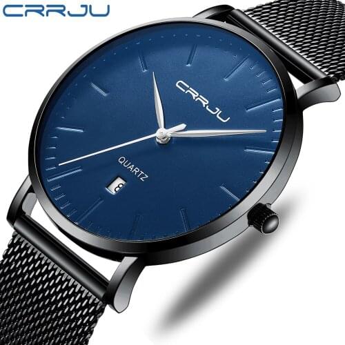 Fashion Mens Minimalist Watches crrju Ultra Thin black Stainless Steel Mesh Band Watch Men Business Casual Analog Quartz clock