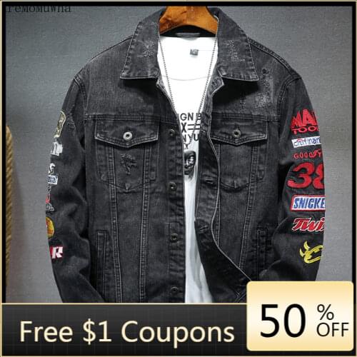 Mens Embroidered Denim Jacket 2021 Spring Autumn Korean Version of The Trend Hole Bombing Street Black and Gray Jacket Clothes