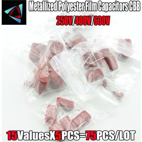 KIT 75PC=15value*5pcs Metallized Polyester Film Capacitors CBB Assortment Kit 250V 400V 630V 4.7nF ~ 1000nF