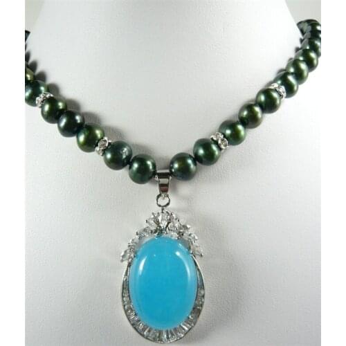 Fancy design Beautiful black pearl & blue jades pendant Necklace free shipping
