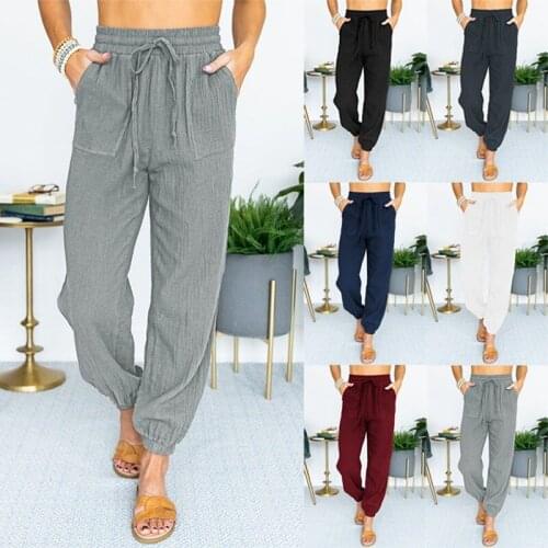 2021 spring and autumn new solid color casual pants womens European and American high-waist lace-up nine-point beam pants