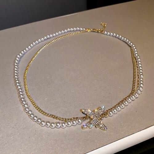Luxury Double Layered Rhinestone Butterfly Pearls Necklace for Women Elegant Simple Temperament Party Jewelry Anniversary Gift
