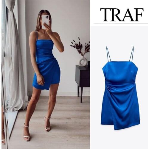 TRAF Womens Dress 2021 New Satin Party Summer Fashion Sexy Halter Party Dress Pleated Skirt Sleeveless Pure Color Sling Dress