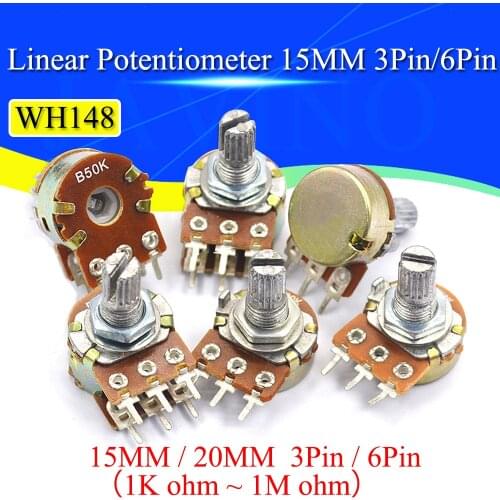 5PCS WH148 Potentiometer with switch 3/6Pin 15MM/20MM Shaft Amplifier Dual Stereo Potentiometer 1K 2K 5K 10K 50K 100K 500K