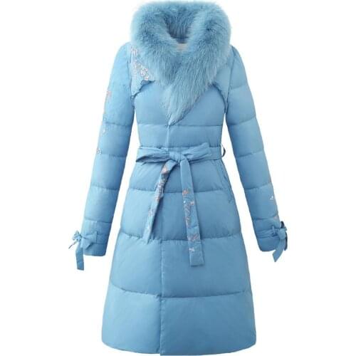 Plus size 3XL!New Embroidered Fur Detachable Collar A-line Long Female 90% White Duck Coat