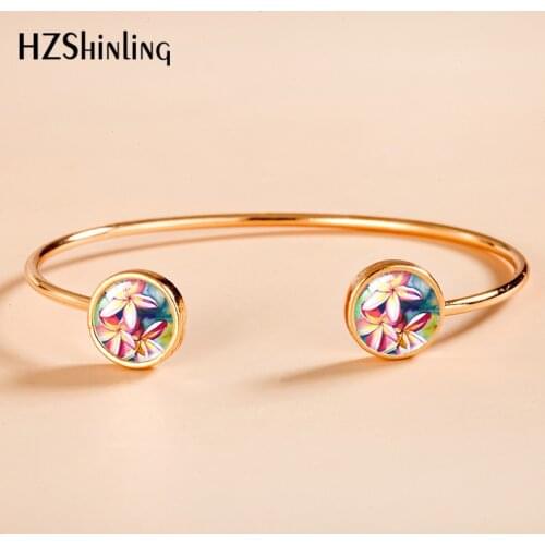 Hawaii Plumeria Pattern Glass Cuff Bangle Bracelets Round Glass Dome Jewelry Adjustable Bangles Handmade Gifts