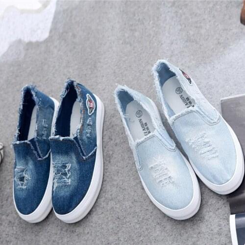 Womens Washed Denim Canvas Shoes Summer Breathable Low Top Casual Shoes Slip-ons Women Loafers Flat With Platform Shoes Woman
