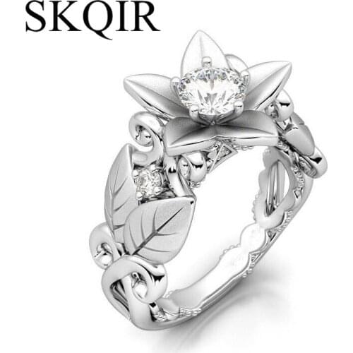 Flower Bling Stones Rings for Women Silver Color Crystal Engagement Ring Plus Size Wedding Rose Jewelry JZ-00504