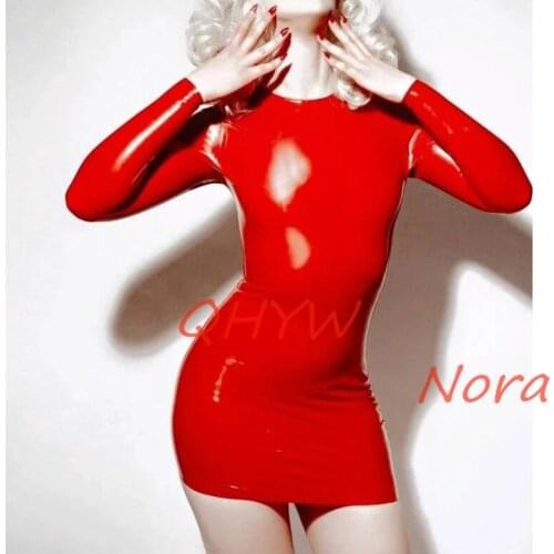 Women Solid Red Latex Rubber Dresses Latex Club Wear Costumes Clothing Dress Sexy Fetish Skirt for Female