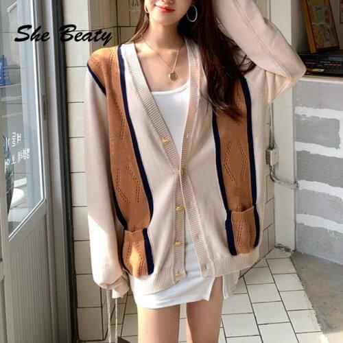 She Beaty Women Sweater Cardigans 2021 Autumn Winter V-Neck Single Breasted Striped Loose Casual Korean Style Traf Outwear Tops