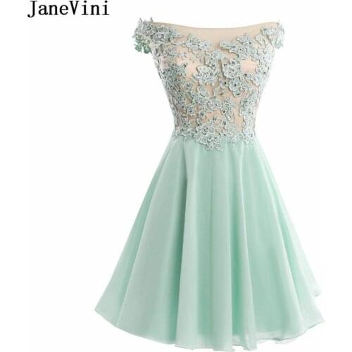 JaneVini 2018 Charming Chiffon Homecoming Dresses with Lace Applique Beaded Boat Neck Short Chiffon Bridesmaid Dress Knee-Length