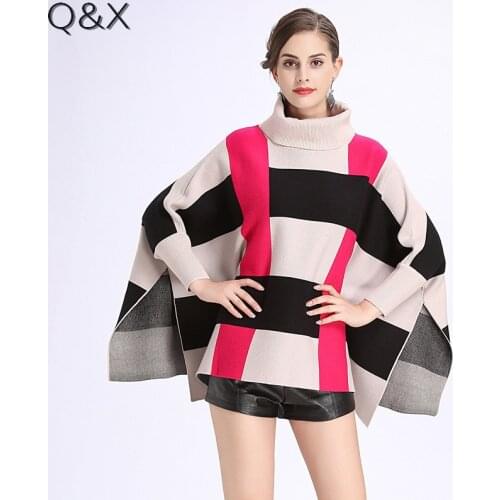 SC119 2018 Lady Knitted Striped Poncho Plus Size Winter Shawl Fashion Printed High Neck Sweater Batwing Sleeve Long Pullovers