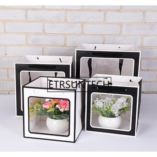 100pcs Black/White Portable Square Flower Gifts Paper Bag Handheld Transparent Window Gift Package Containers FOR Wedding Party