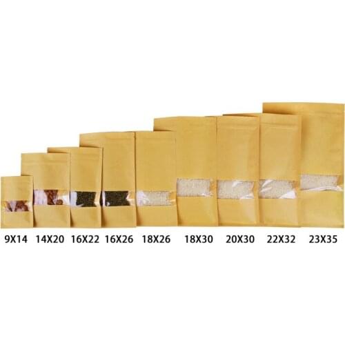 100pcs Zipper Top Kraft Paper Flat Bottom Pocket With Clear Window For Dried Food Nuts Candy Packaging Party Gift Bags