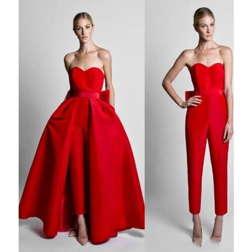 2019 Simple Elegant Red Jumpsuit Evening Dresses With Removable Overskirt Satin Bow Back Sweetheart Prom Gowns Formal Party Wear