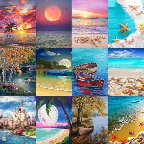 5D Diamond Painting Landscape Beach Shell Full Diamond Mosaic DIY Cross Stitch Set Sunset Christmas Gift Home Decoration