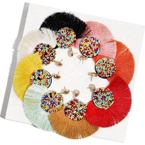 8Seasons Fashion Women Stud Earrings Jewelry Thread Tassel Fan Earrings Boho Seed Beads Colorful Accessories Trendy Charms,1Pair