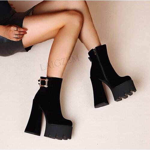 LAIGZEM Women Ankle Platform Boots Side Zip Chunky Thick High Heels Boots Faux Suede Black Shoes Woman Large Size 33 41 42 43