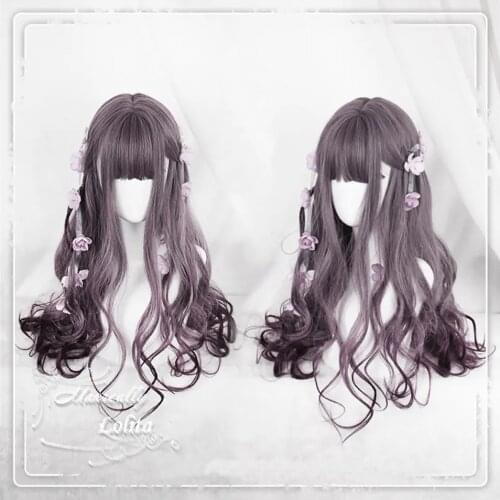 Mixed Wine Prrple Color Lolita Long Wavy Curly Wigs With Bangs Cute Girl Daily Party Cosplay Wig Heat Resistant Fiber Synthetic