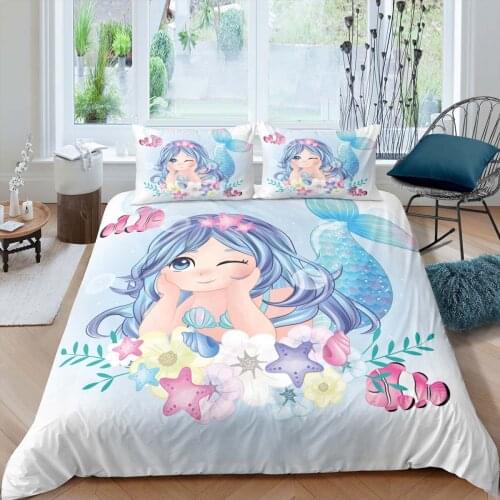 Home Textiles Luxury 3D Cartoon Mermaid Print Duvet Cover Set 2/3 Pcs Pillowcase Kid Bedding Set AU/EU/UK/US Queen and King Size
