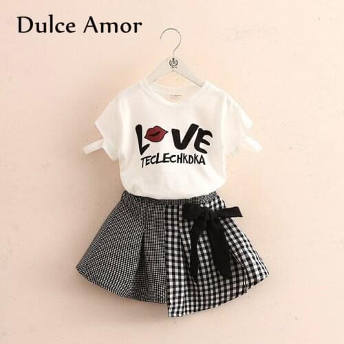 Dulce Amor Girls Clothes Set 2019 New Summer Children Clothing Kids Letter Print Short Sleeve T-Shirt+Plaid Skirt Drop Shipping