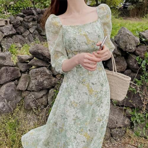 Chic Purple O-Neck Print Floral Dress Casual Elegant Office Lady Puff Sleeve Dress New Women Summer Fashion Dress Vestidos 14283
